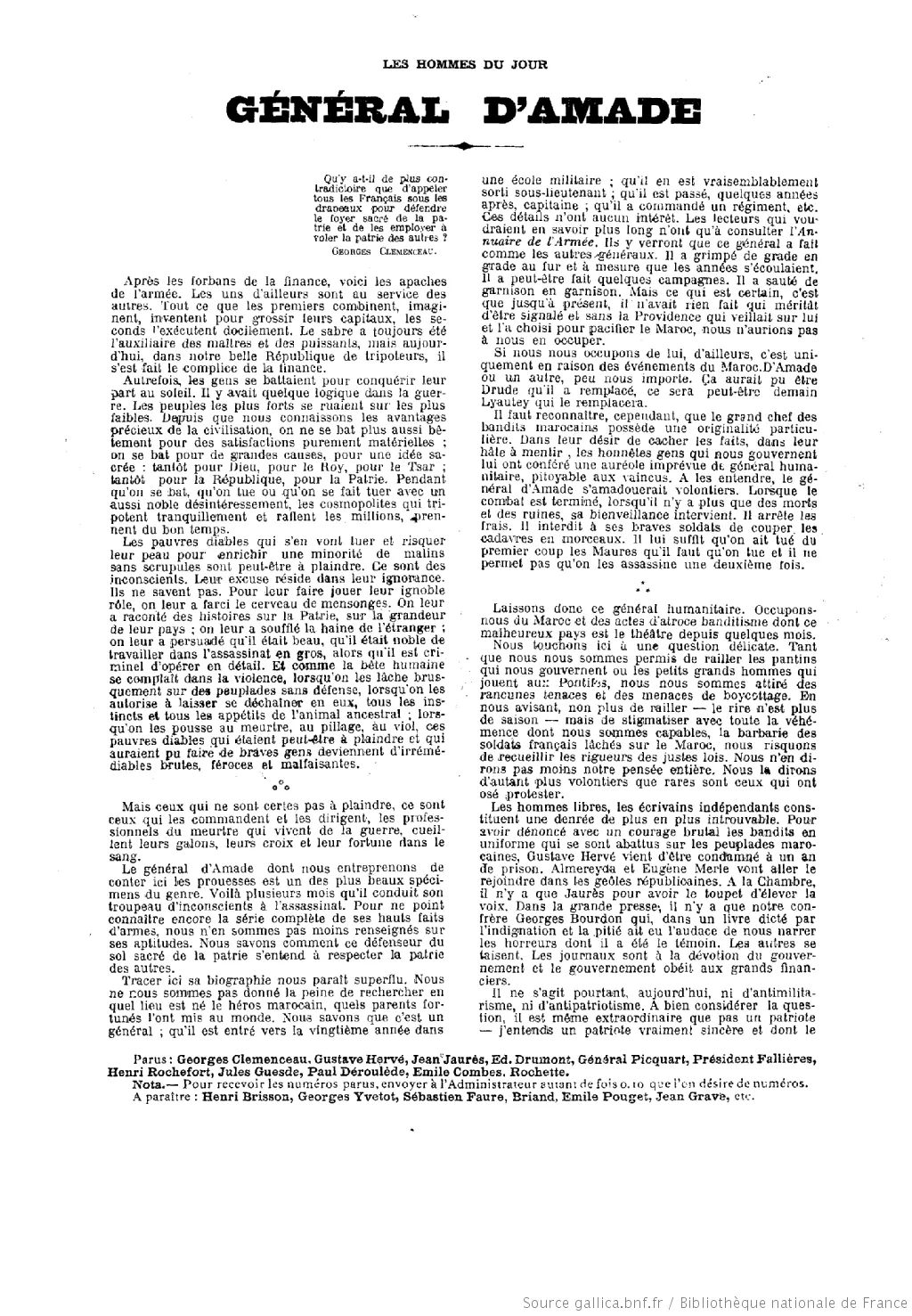 Page intérieure des « Hommes du jour » consacrée au général d’Amade.